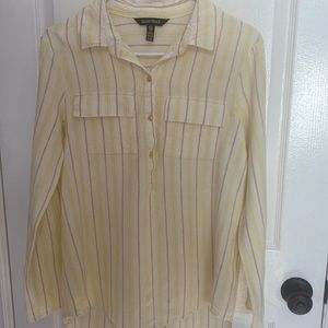 Ellen Tracy linen blend shirt, S, striped, white yellow tan, gold buttons